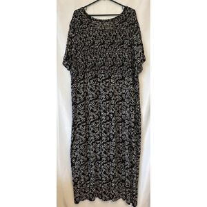 Paisley Smocked Maxi Dress Black/White Short Sleeve 2-3X Boho Beach Romantic